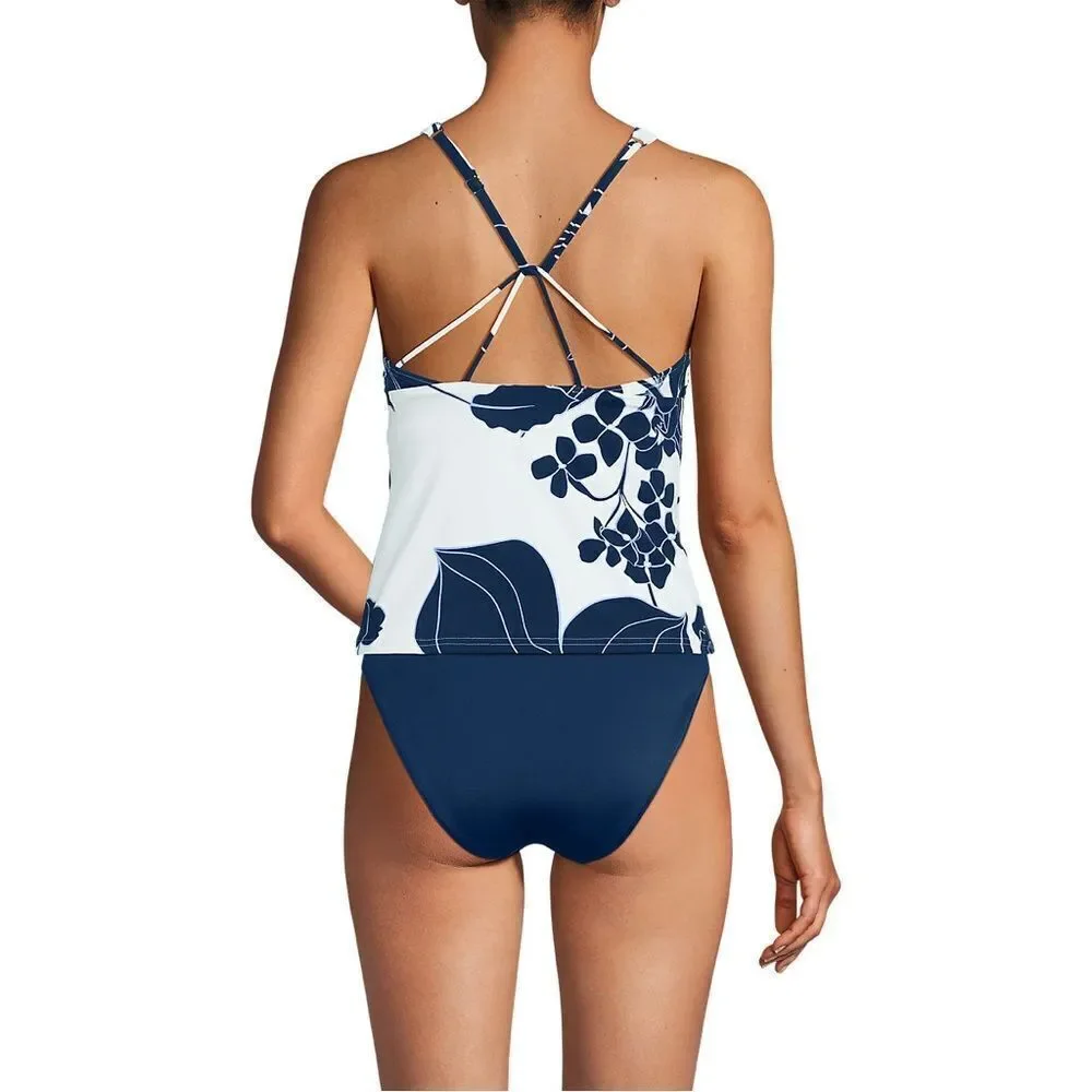 Land's End Plus Tankini Top High Neck Strappy Back Black tropical scene Various